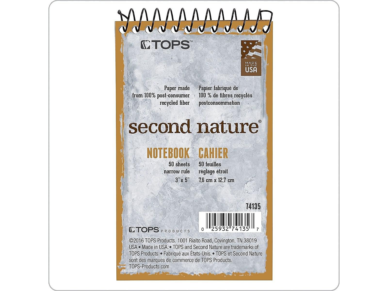 TOPS Second Nature Memo Pad, 3" x 5", Narrow Ruled, White, 50 Sheets/Pad (TOP 74135)