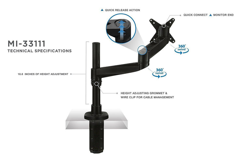 Mount-It! Modular Mount Adjustable Monitor Arm, Up to 30" Monitors, Black (MI-33111-BLK)
