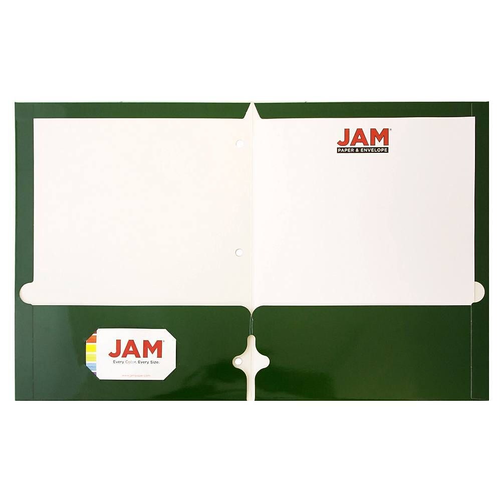 JAM Paper Laminated Glossy 3 Hole Punched 2-Pocket Folders, Green, 100/Box (385GHPgrb)