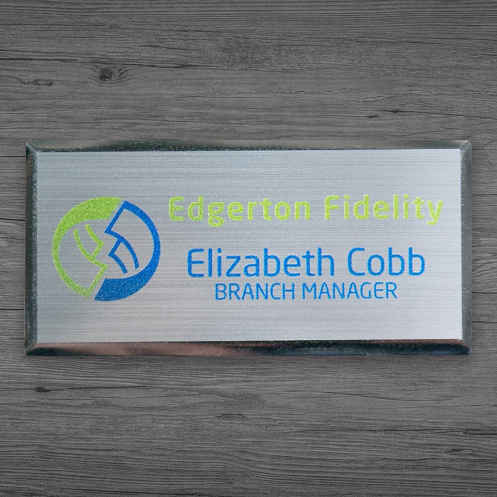 Full Color Metal Name Badge, Silver, 1" x 2", Qty 1