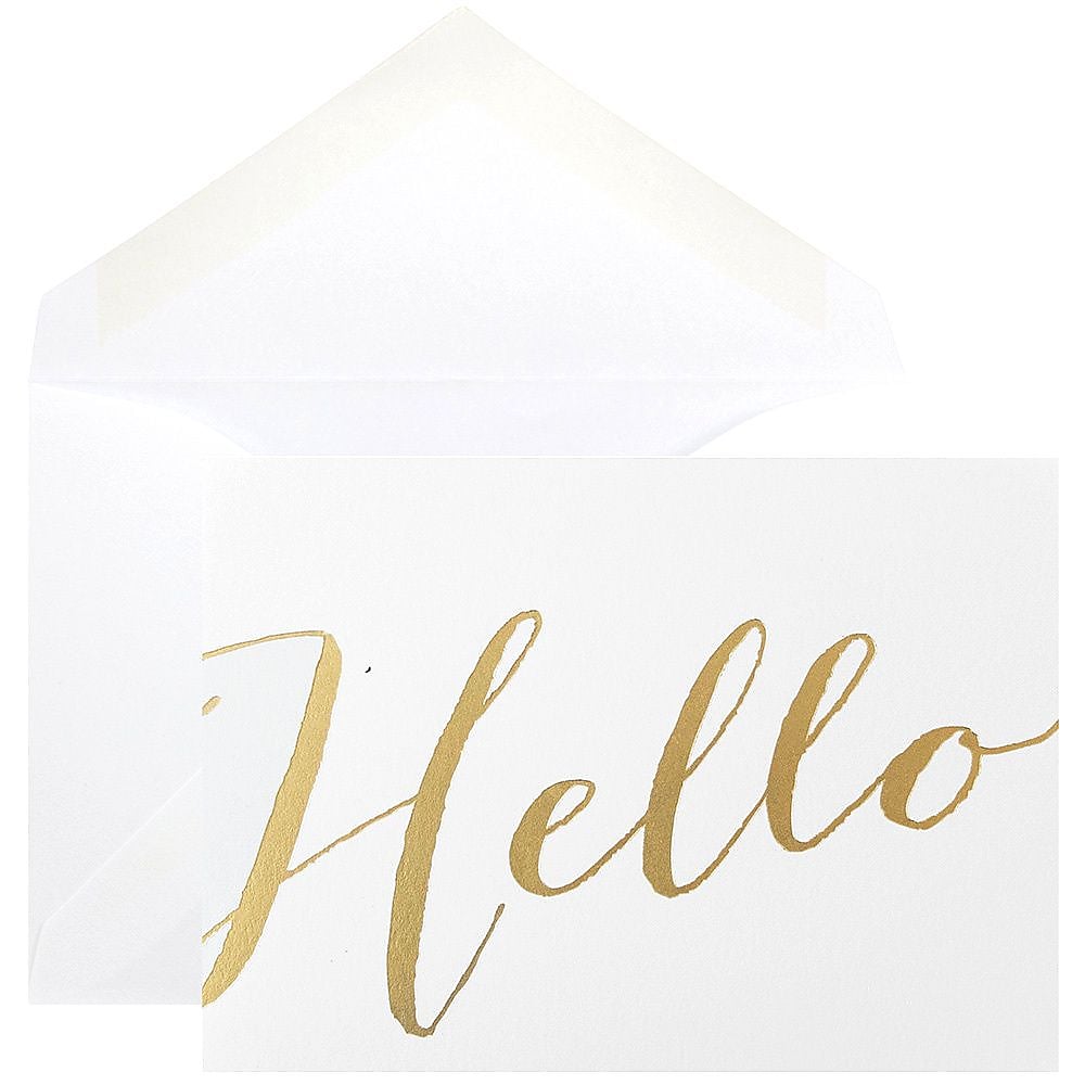 JAM Paper® Blank Greeting Cards Set, Hello, White with Gold Script, 10/Pack (D41113NGLMB)