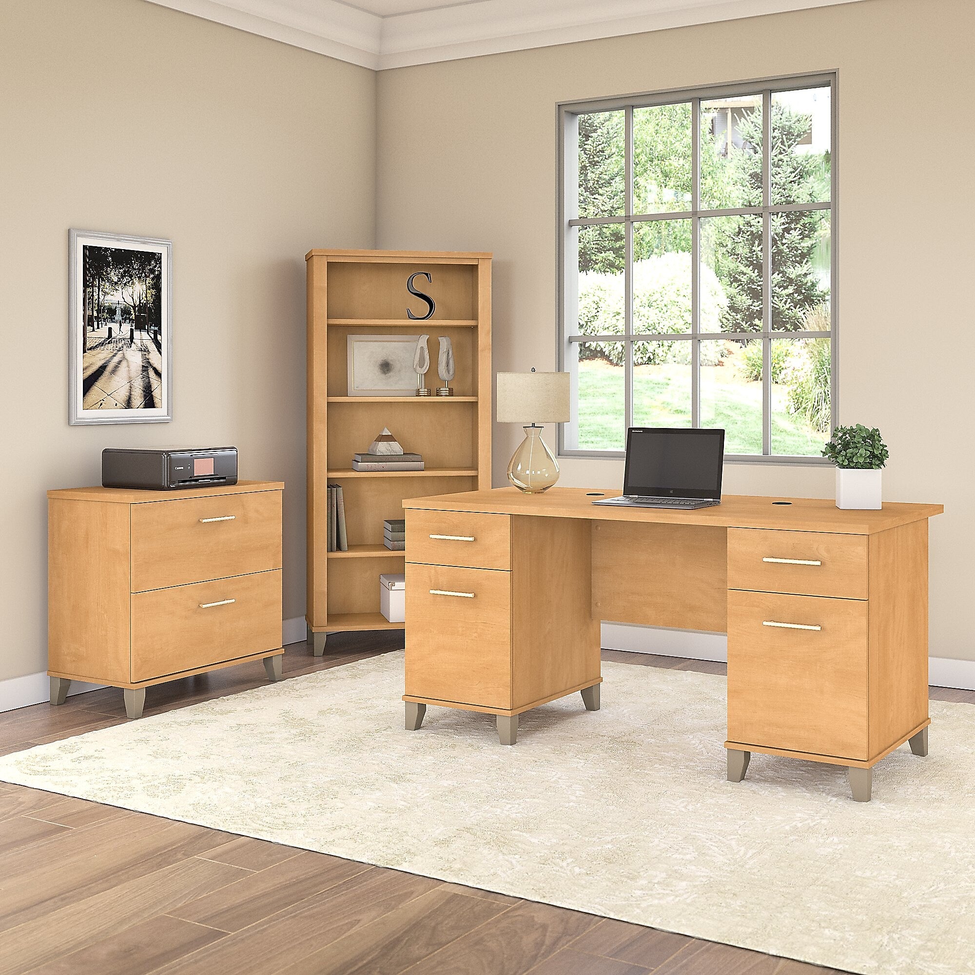 Bush Furniture Somerset 60"W Office Desk with Lateral File Cabinet and 5 Shelf Bookcase, Maple Cross (SET013MC)