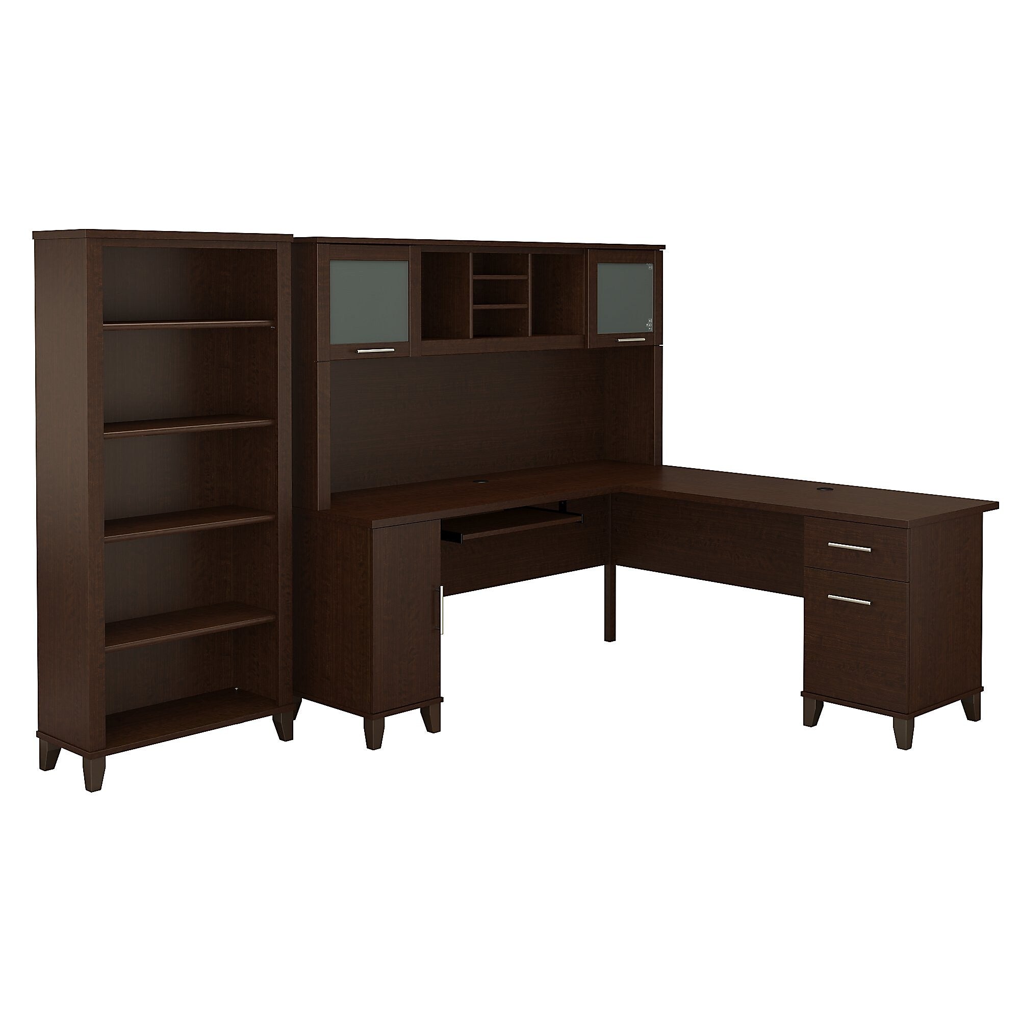 Bush Furniture Somerset 72"W L Shaped Desk with Hutch and 5 Shelf Bookcase, Mocha Cherry (SET011MR)