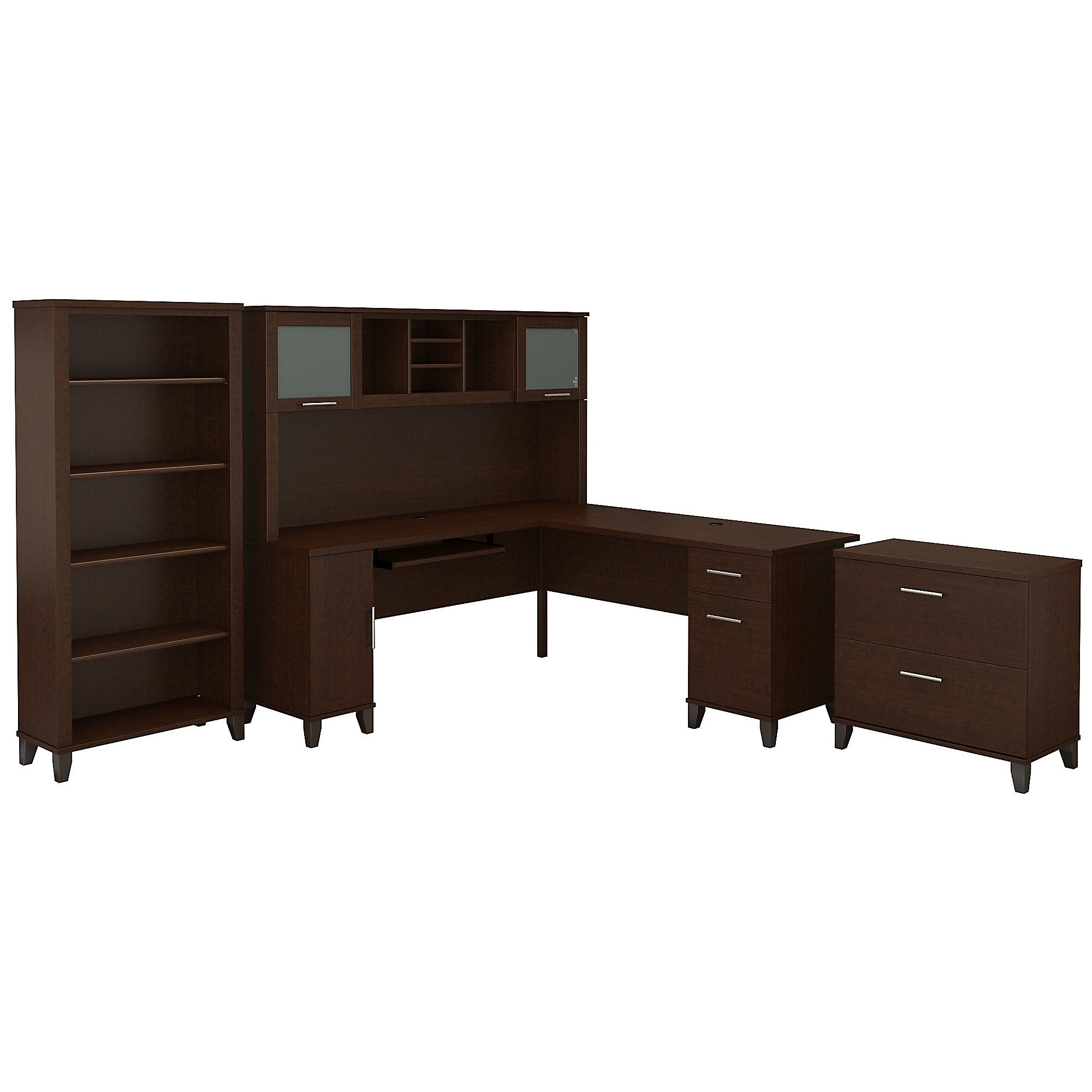 Bush Furniture Somerset 72"W L Shaped Desk with Hutch, Lateral File Cabinet and Bookcase, Mocha Cherry (SET012MR)