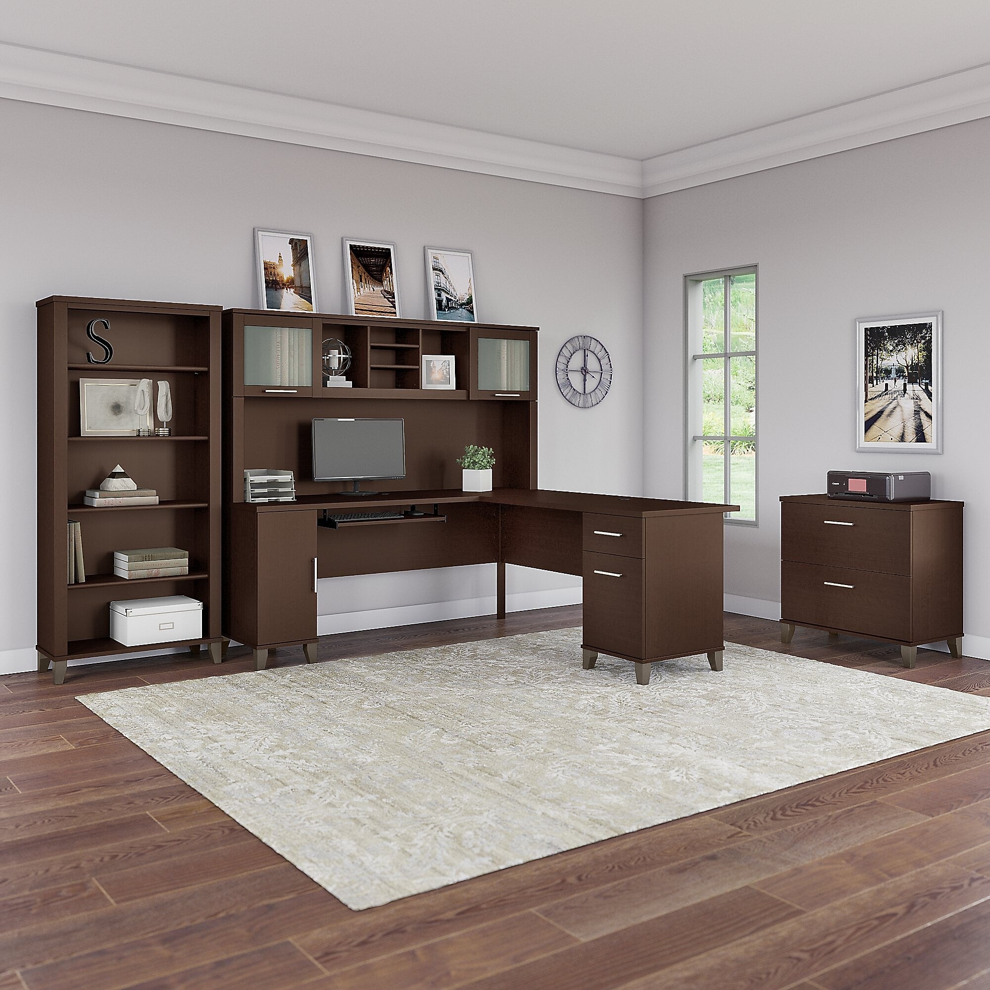 Bush Furniture Somerset 72"W L Shaped Desk with Hutch, Lateral File Cabinet and Bookcase, Mocha Cherry (SET012MR)