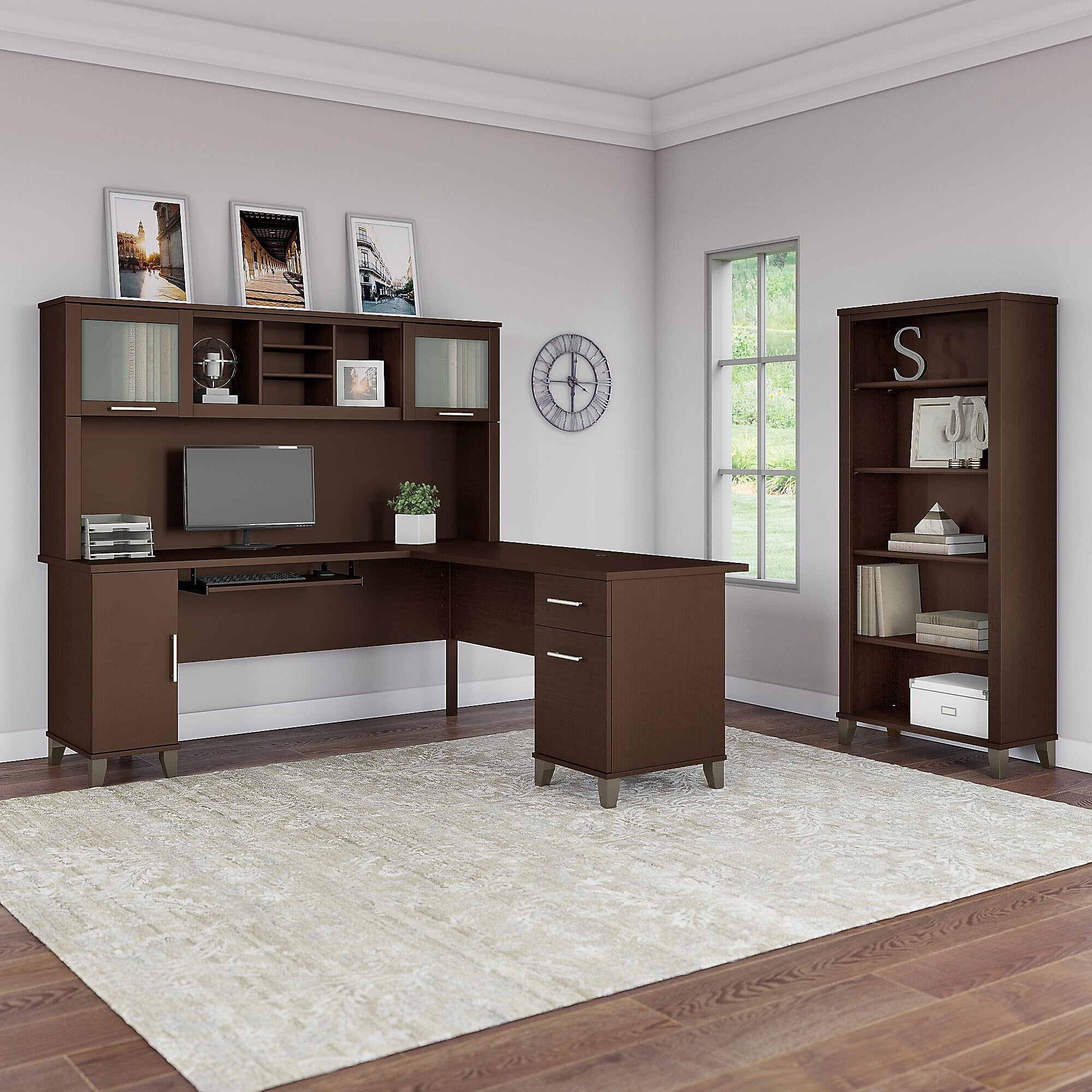 Bush Furniture Somerset 72"W L Shaped Desk with Hutch and 5 Shelf Bookcase, Mocha Cherry (SET011MR)
