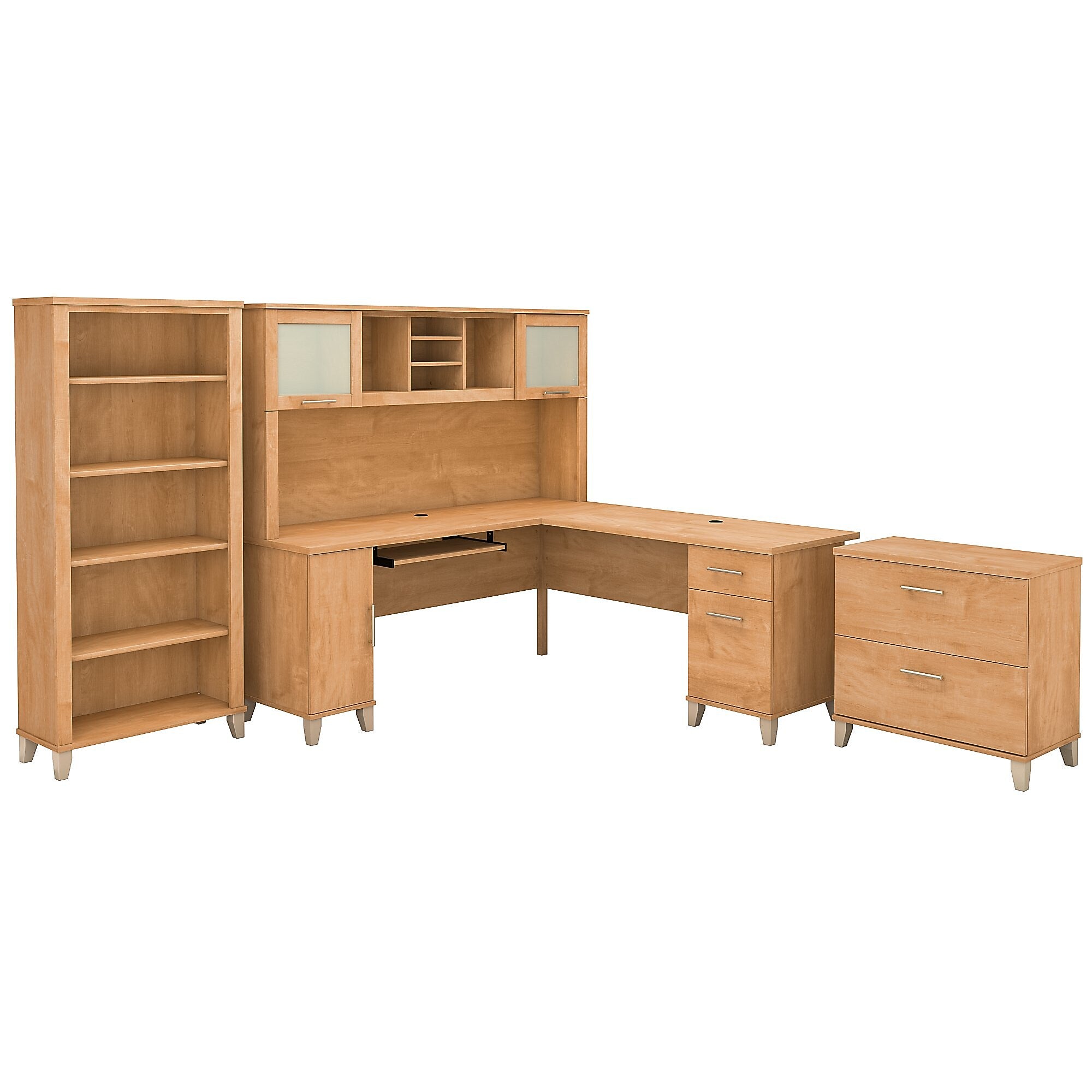Bush Furniture Somerset 72"W L Shaped Desk with Hutch, Lateral File Cabinet and Bookcase, Maple Cross (SET012MC)