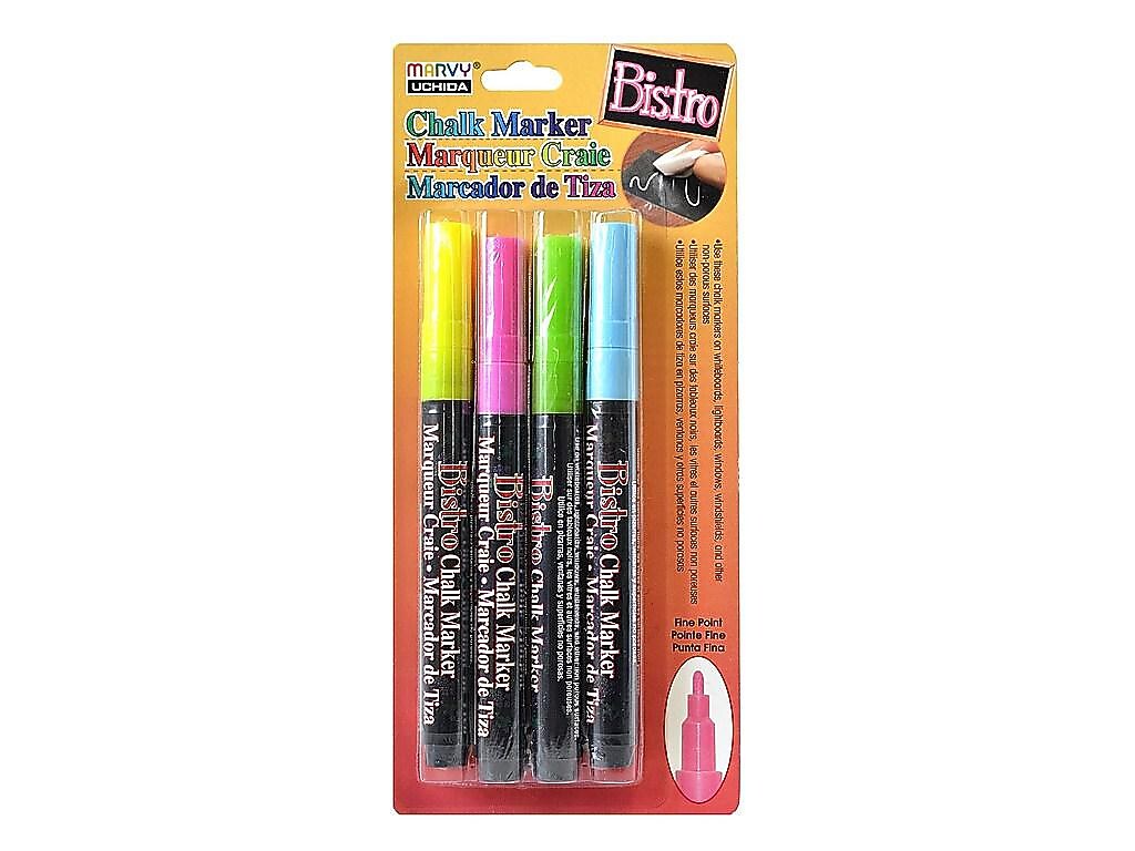 Marvy Uchida Bistro Chalk Markers, Fine Point, Assorted, 4/Pack (02655)