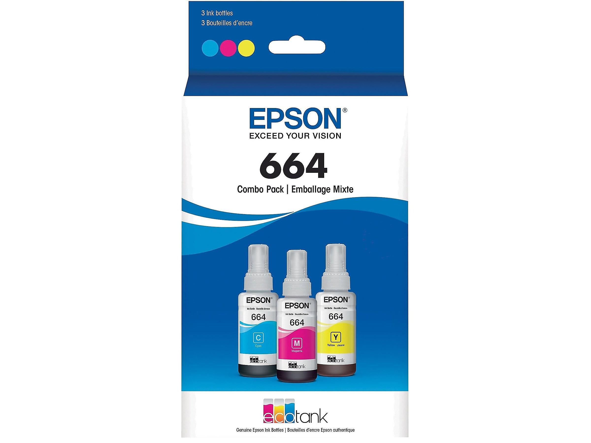Epson T664 Cyan/Magenta/Yellow Ultra High Yield Ink Cartridge, 3/Pack