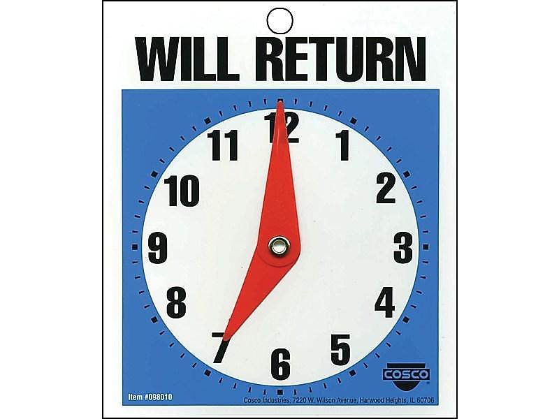 Cosco Open/Come In/Will Return with Clock Indoor/Outdoor Door Sign, 5.25" x 6", Multicolored (098010)