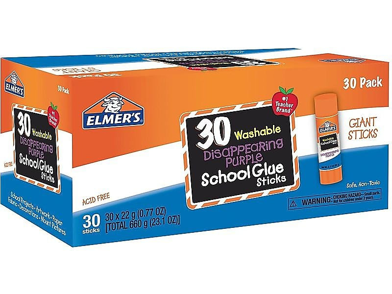 Elmer's Disappearing Purple School Jumbo Washable Glue Sticks, 0.77 oz., Purple, 30/Pack (E605)