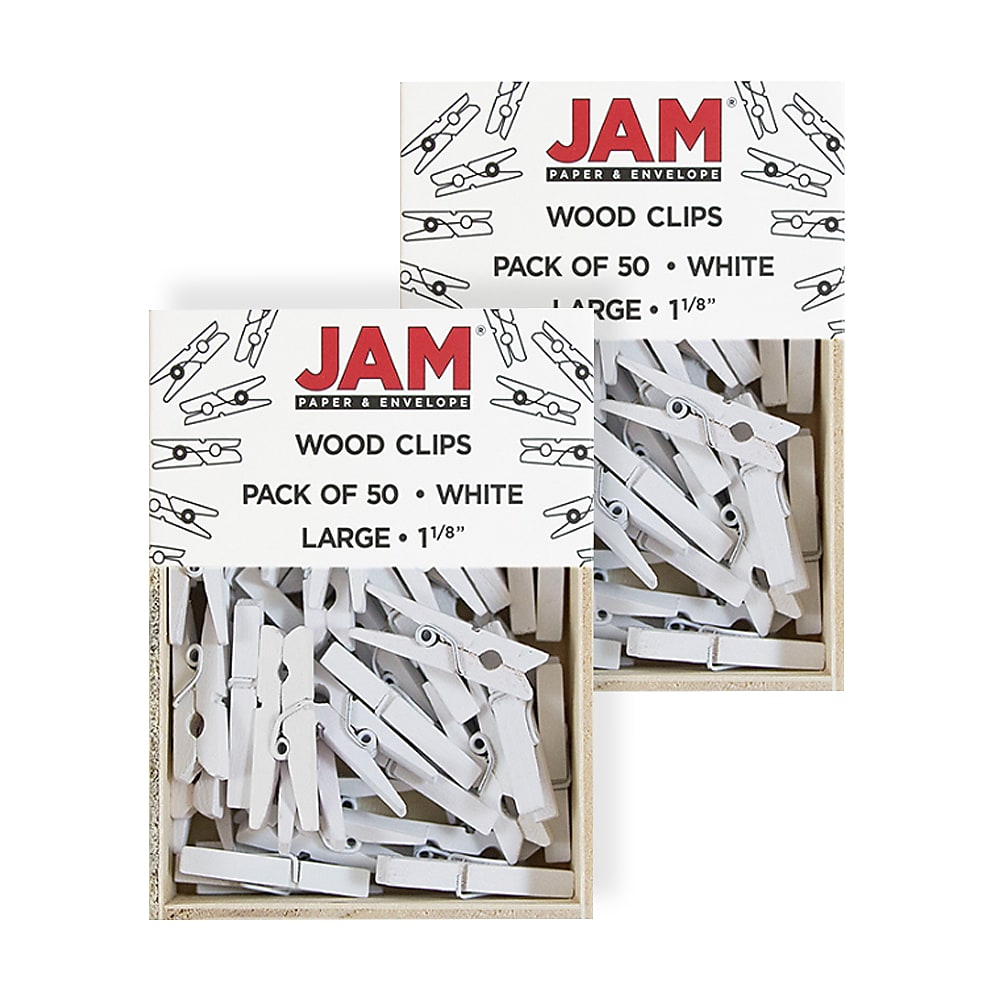 JAM Paper Wood Clip Medium Wood Clothespins, White Clothes Pins, 2 Packs of 50 (2230719109A)
