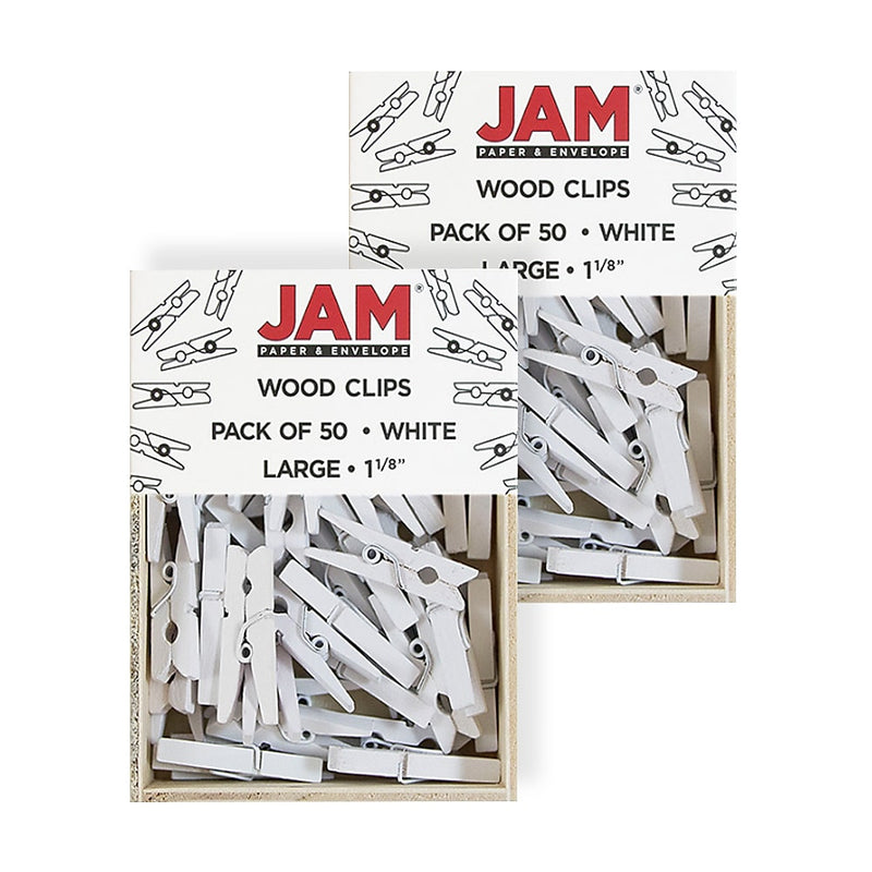 JAM Paper Wood Clip Medium Wood Clothespins, White Clothes Pins, 2 Packs of 50 (2230719109A)