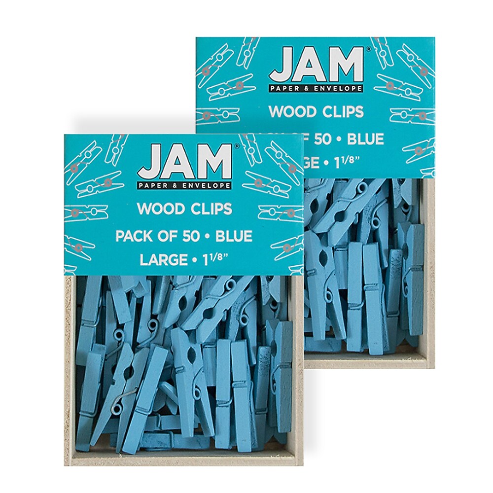 JAM Paper® Wood Clip Clothespins, Medium 1 1/8 Inch, Blue Clothes Pins, 2 Packs of 50 (230726776A)