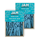 JAM Paper® Wood Clip Clothespins, Medium 1 1/8 Inch, Blue Clothes Pins, 2 Packs of 50 (230726776A)