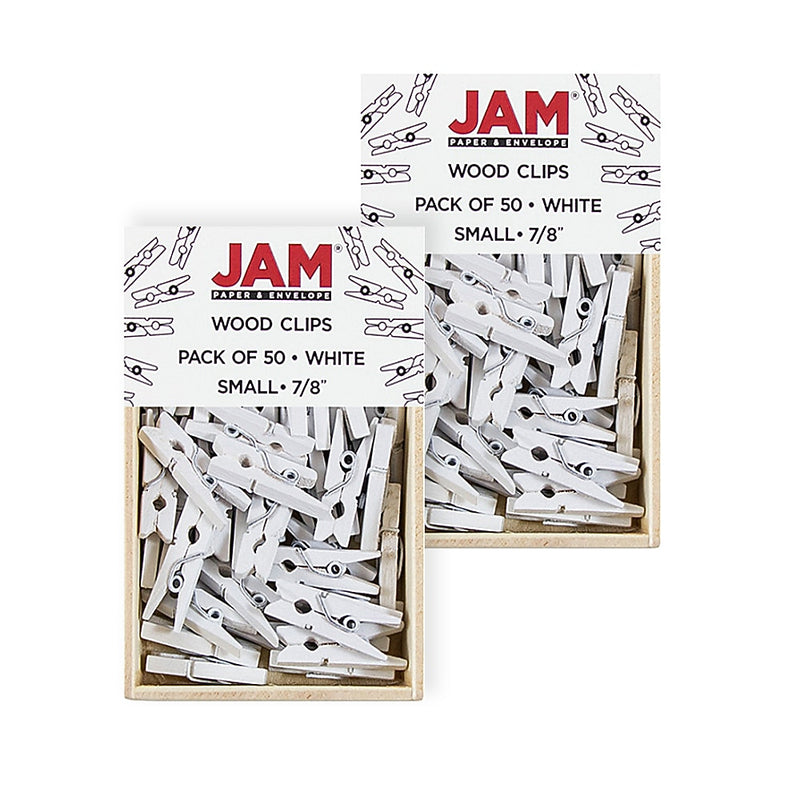 JAM Paper Wood Clip Small Wood Clothespins, White, 2 Packs of 50 (2230717360A)