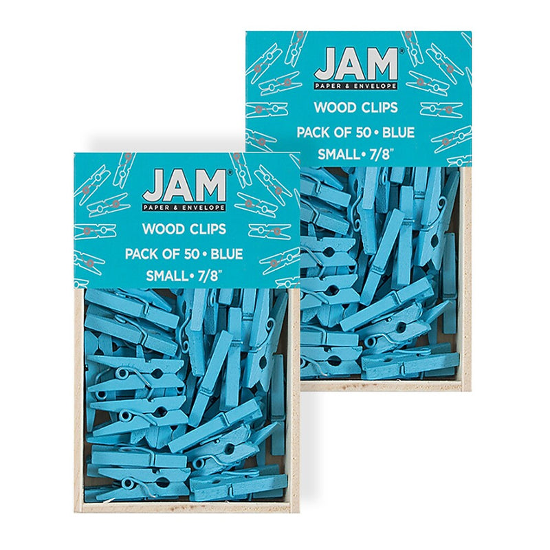 JAM Paper® Wood Clip Clothespins, Small 7/8 Inch, Blue Clothes Pins, 2 Packs of 50 (2230717361A)