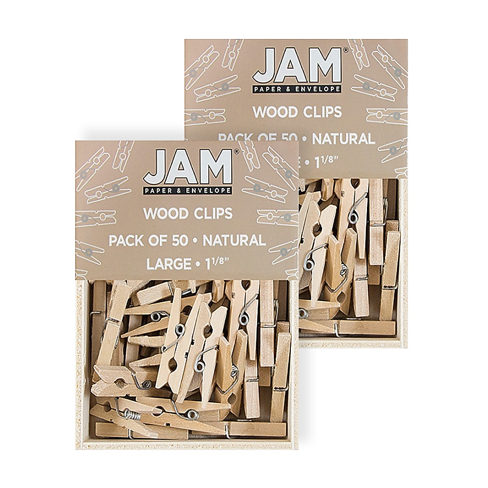JAM Paper® Wood Clip Clothespins, Medium 1 1/8 Inch, Natural Brown Clothes Pins, 2 Packs of 50 (2230719108A)