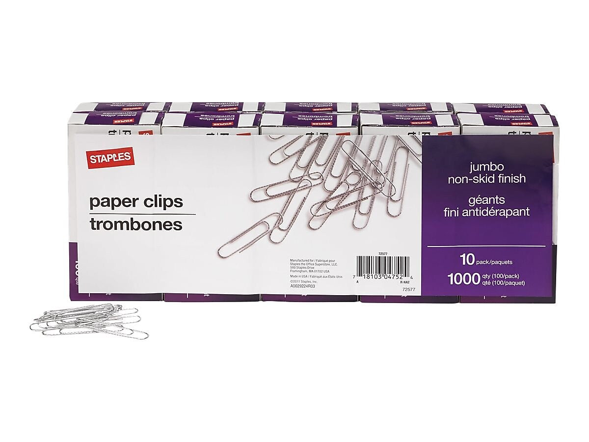 Staples Paper Clips, Jumbo, Silver, 100/Box, 100 Boxes/Carton (72577CT)