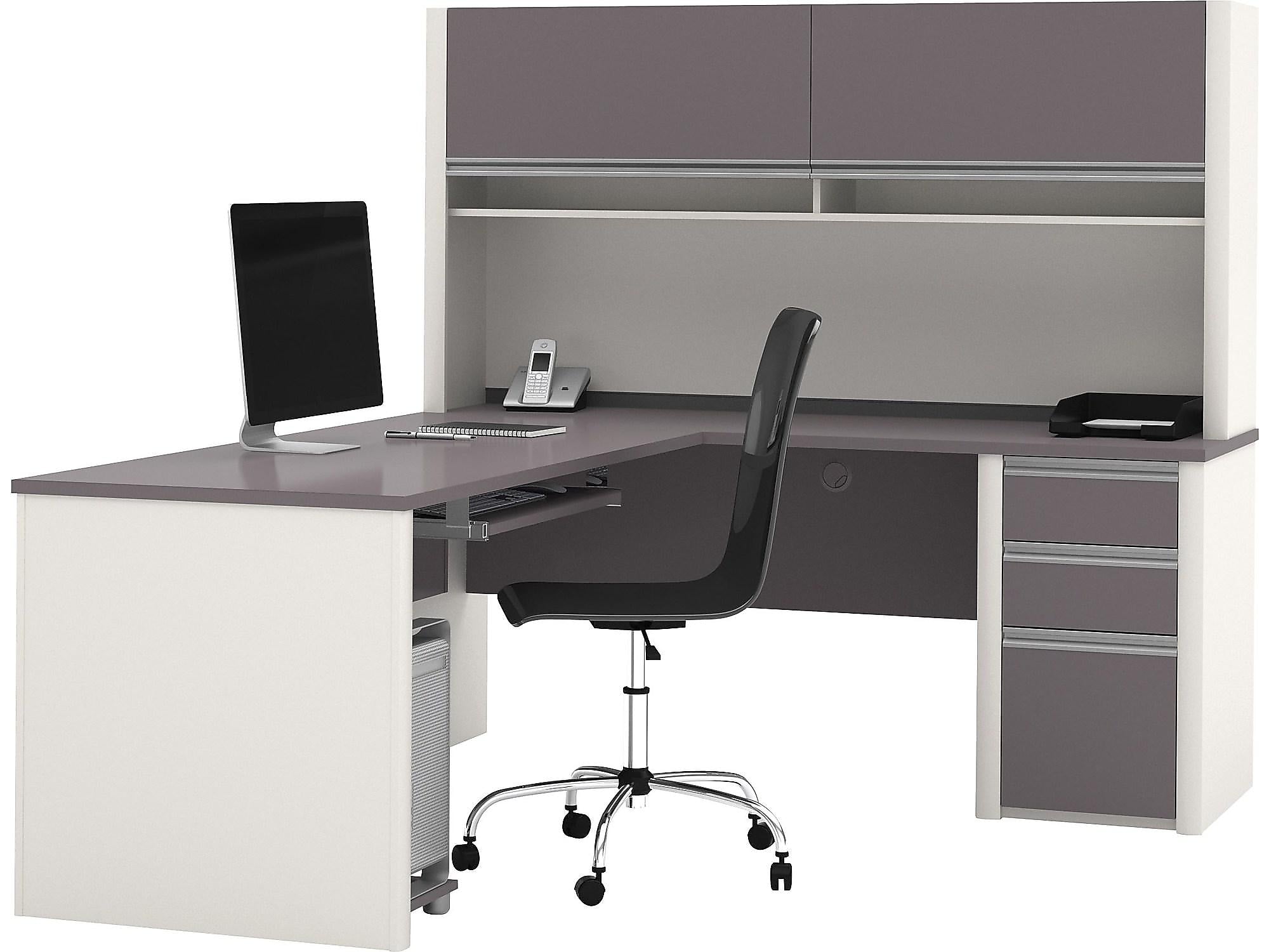 Bestar Connexion 71"W L-Shaped Desk with Hutch and Pedestal, Slate/Sandstone (93859-59)