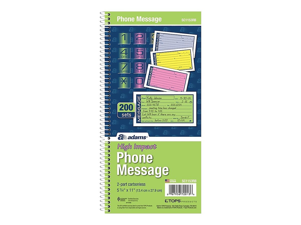 Adams High Impact Phone Message Pad, 5.25" x 11", Wide Ruled, Blue/Yellow/Green/Pink, 50 Sheets/Pad (SC1153RB)