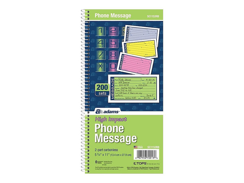 Adams High Impact Phone Message Pad, 5.25" x 11", Wide Ruled, Blue/Yellow/Green/Pink, 50 Sheets/Pad (SC1153RB)