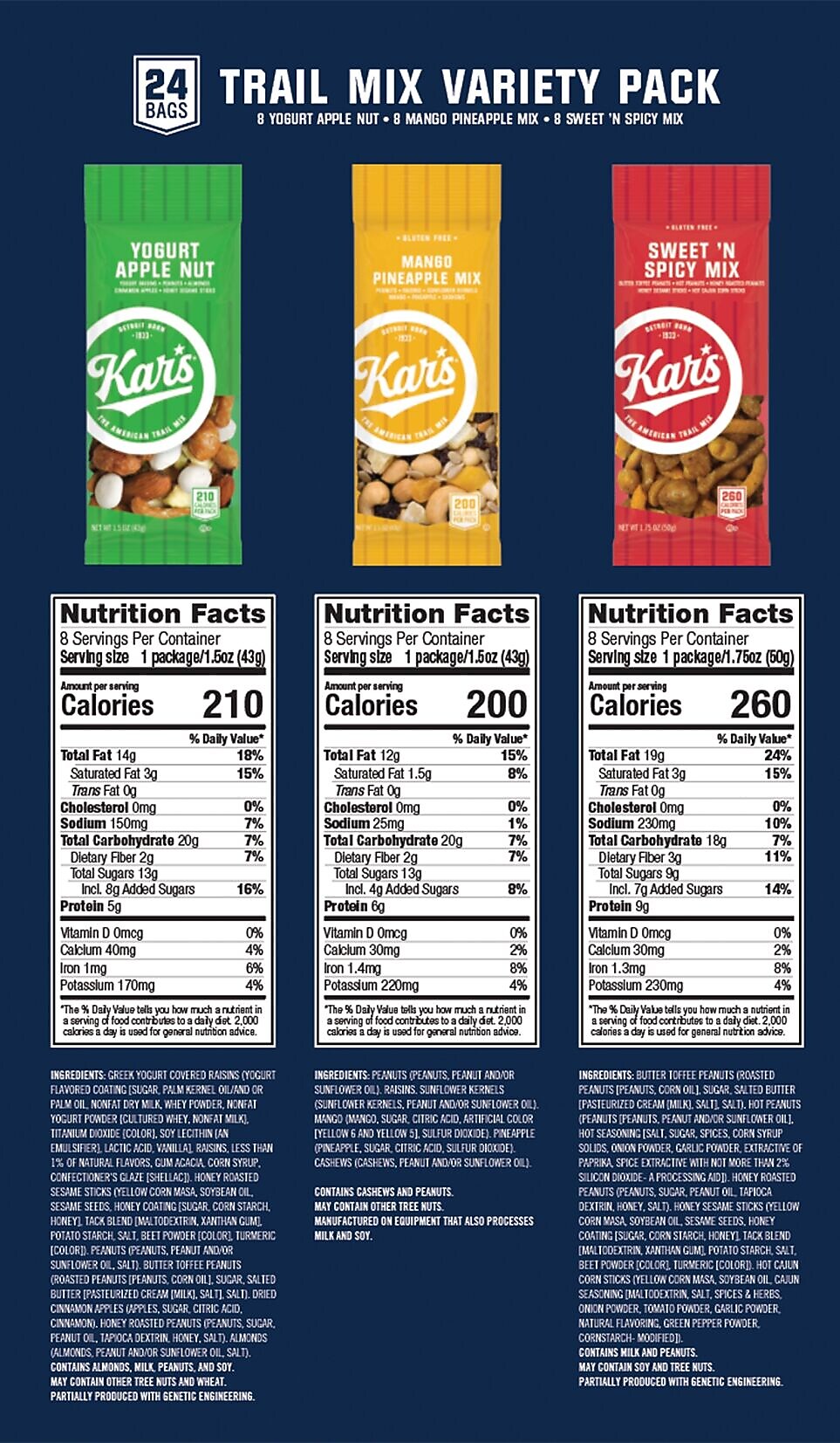 Kar's Variety Trail Mix, 1.75 oz., 24 Bags/Pack (KAR08361)