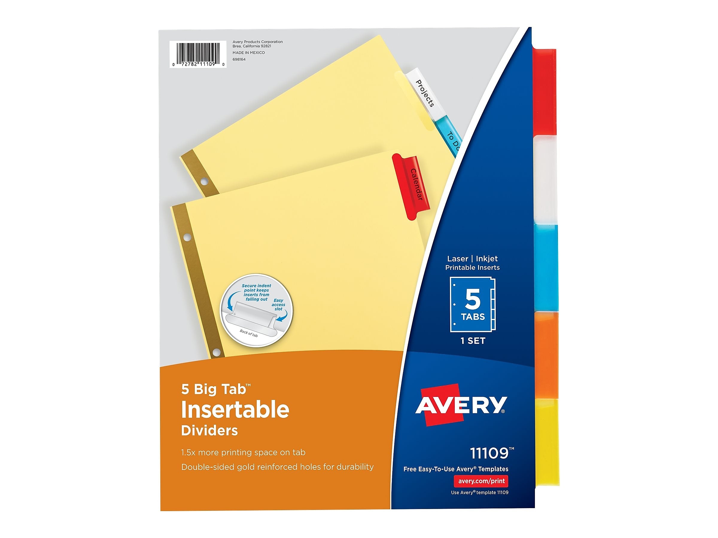 Avery Big Tab Insertable Buff Paper Dividers, 5-Tab, Assorted Colors, 48 Sets/Carton (11109)