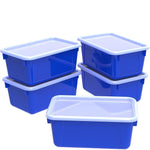 Storex Plastic Small Cubby Bins with Lids, 5.1" x 7.8" x 12.2", Blue/Clear, 5/Carton (62408U05C)