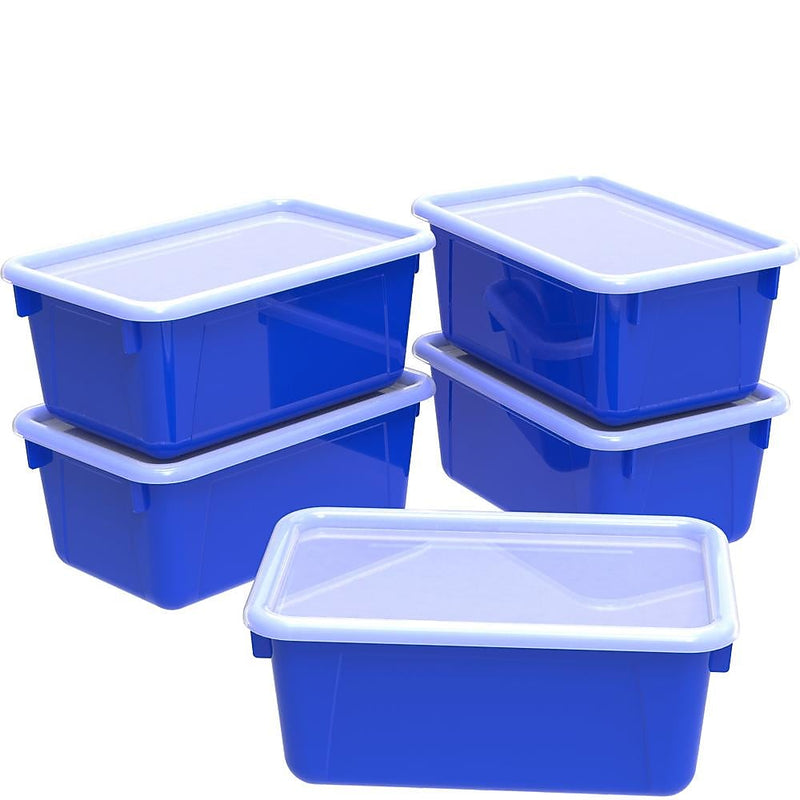 Storex Plastic Small Cubby Bins with Lids, 5.1" x 7.8" x 12.2", Blue/Clear, 5/Carton (62408U05C)