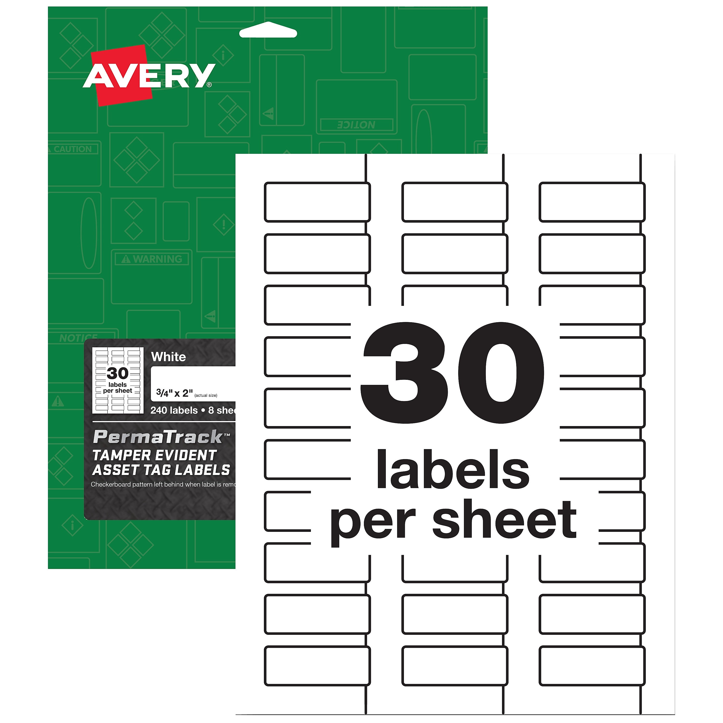 Avery PermaTrack Laser Tamper-Evident Asset Tag Labels, 3/4" x 2", White, 30 Labels/Sheet, 8 Sheets/Pack (60530)
