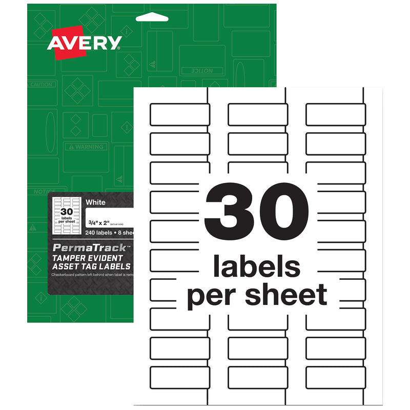 Avery PermaTrack Laser Tamper-Evident Asset Tag Labels, 3/4" x 2", White, 30 Labels/Sheet, 8 Sheets/Pack (60530)