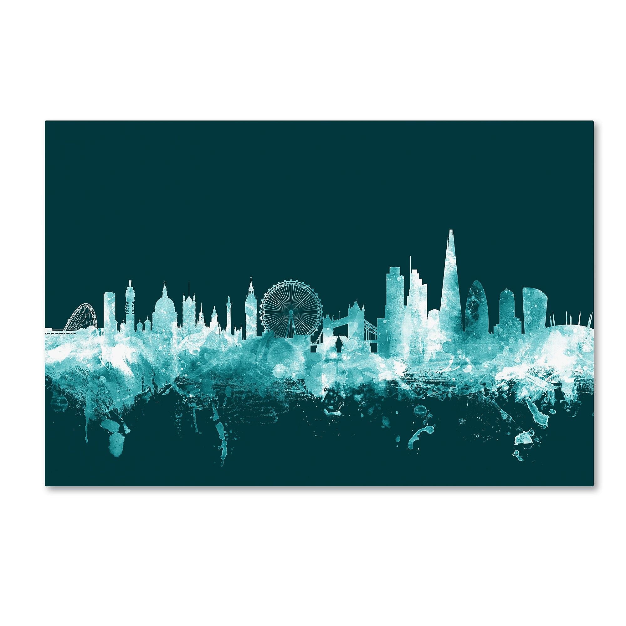 Trademark Fine Art Michael Tompsett 'London England Skyline Teal' 12" x 19" Canvas Stretched (190836095223)