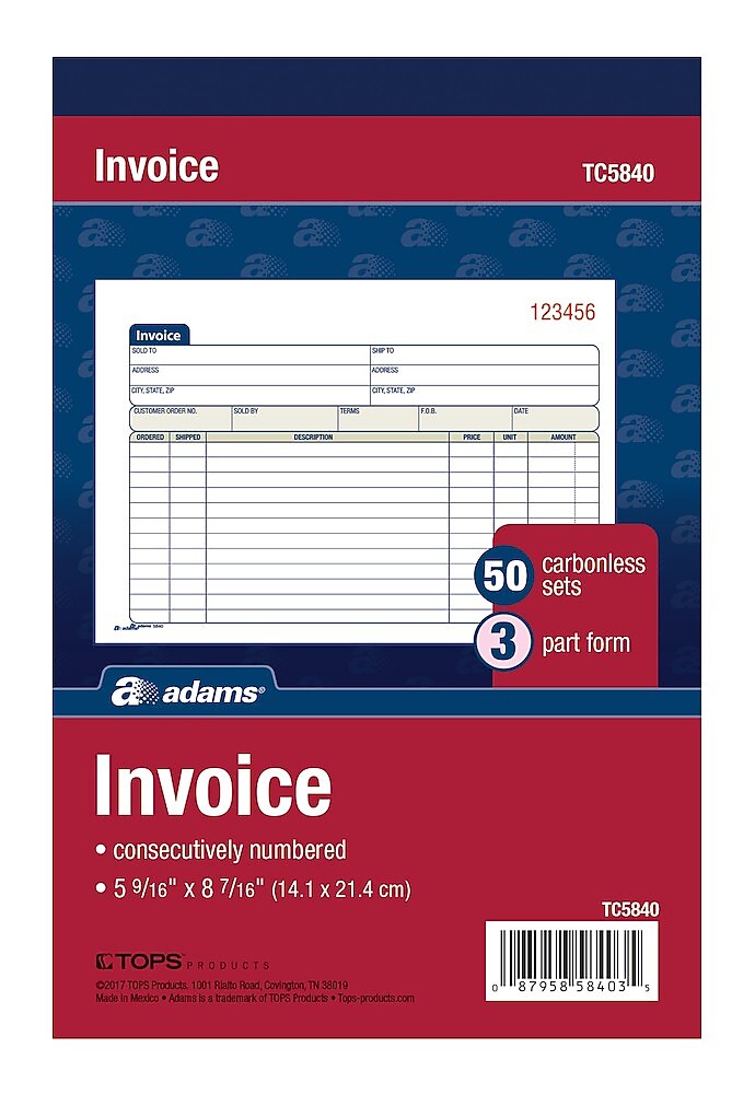 Adams 3-Part Carbonless Invoices, 8.44"W x 5.56"L, 50 Sets/Book (TC5840)