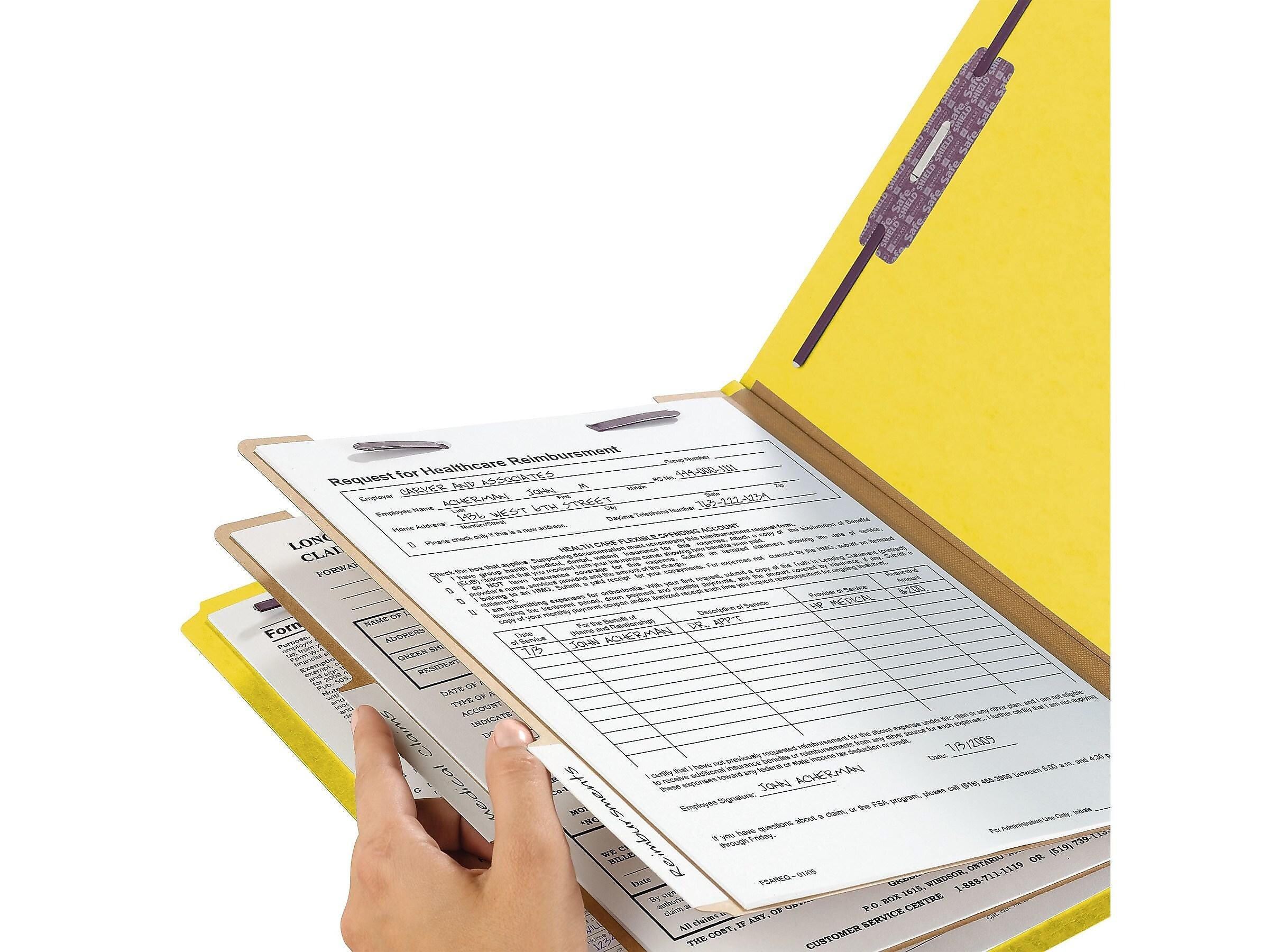Smead 50% Recycled End Tab Pressboard Classification File Folder with SafeSHIELD®, Legal Size, Yellow, 10/Box (29789)