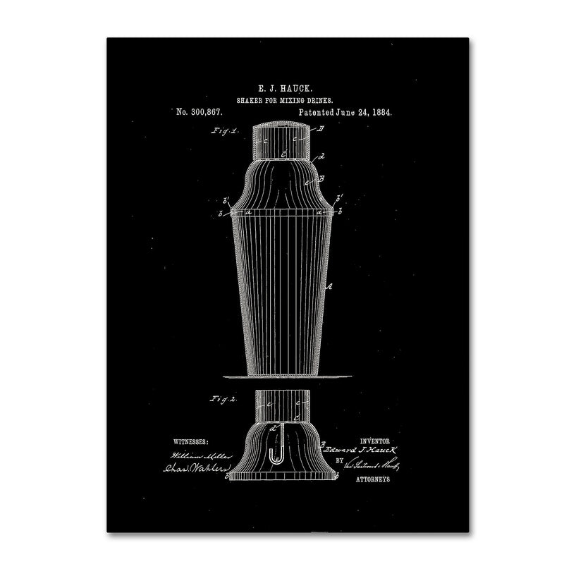 Trademark Fine Art Claire Doherty 'Cocktail Shaker Patent 1884 Black' 14" x 19" Canvas Stretched (886511939899)