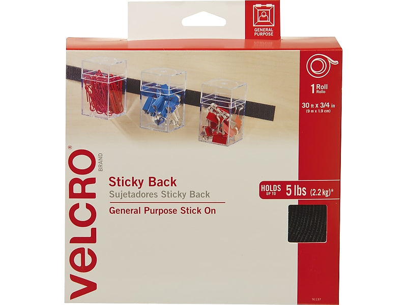 Velcro 0.75" x 360" Sticky Back Hook & Loop Fastener, Black, Each (91137)