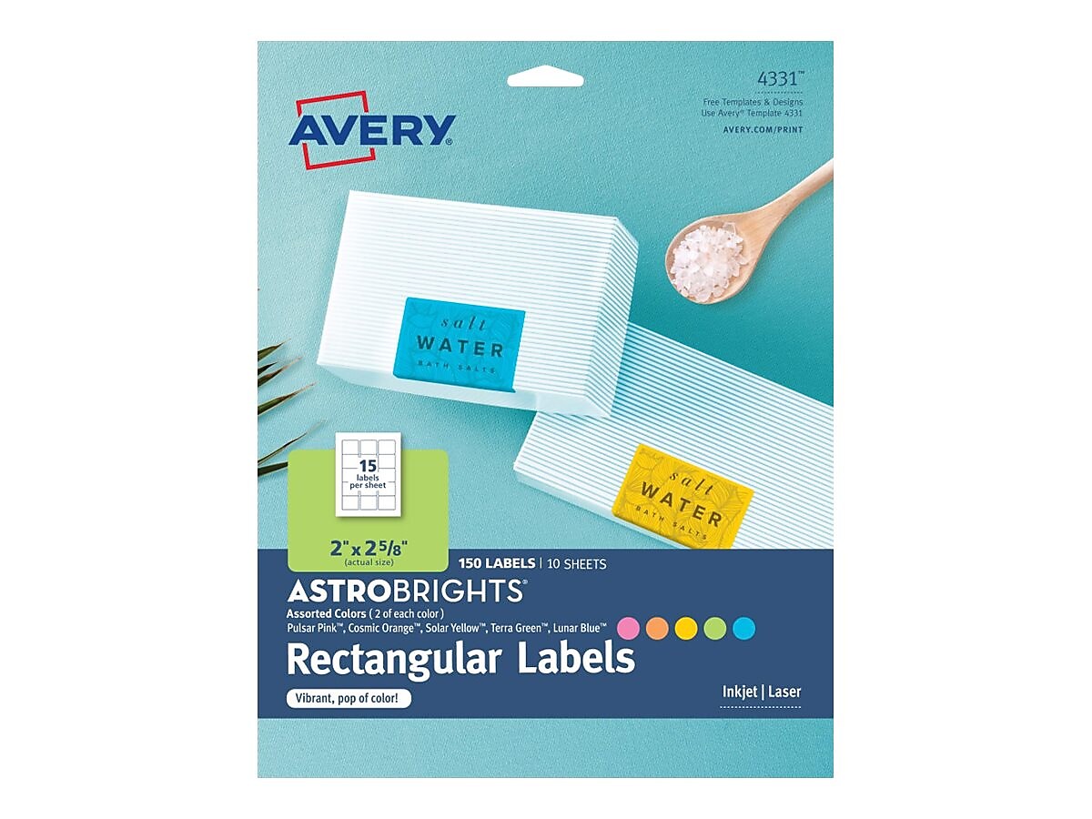 Avery Astrobrights Laser/Inkjet Multipurpose Labels, 2" x 2 5/8", Assorted Colors, 15 Labels/Sheet, 10 Sheets/Pack (4331)