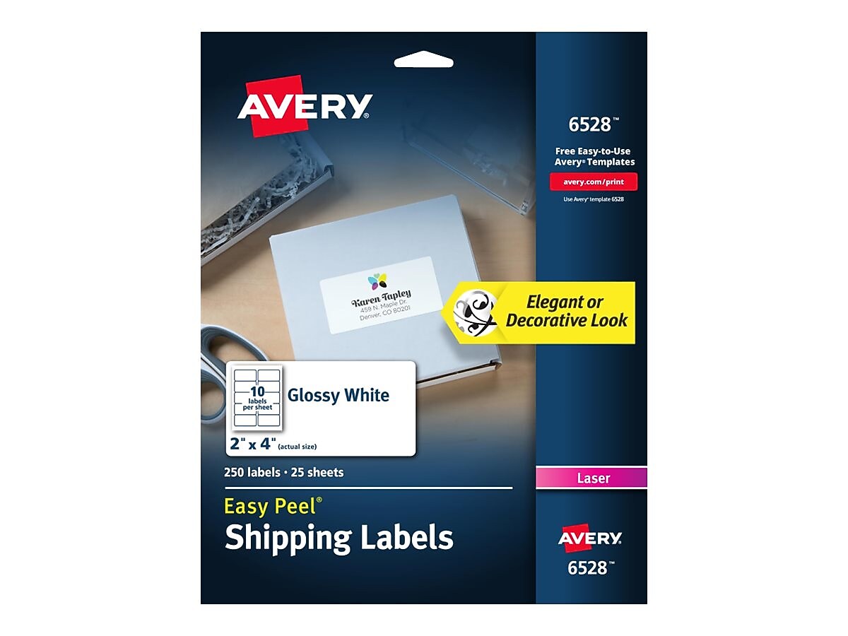 Avery Easy Peel Laser Shipping Labels, 2" x 4", White, 10 Labels/Sheet, 25 Sheets/Pack (6528)