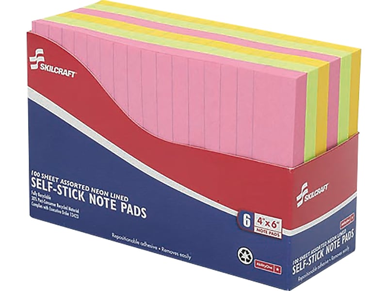 AbilityOne Skilcraft Recycled Notes, 4" x 6", Assorted Neon, Lined, 100 Sheet/Pad, 6 Pads/Pack (NSN4181212)