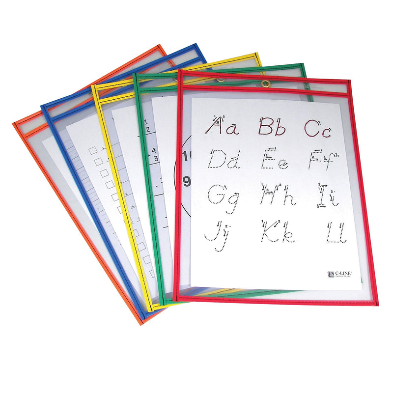 C-Line® Reusable Dry Erase Pockets, Assorted Primary Colors, 9" x 12", Pack of 25 (CLI40620)