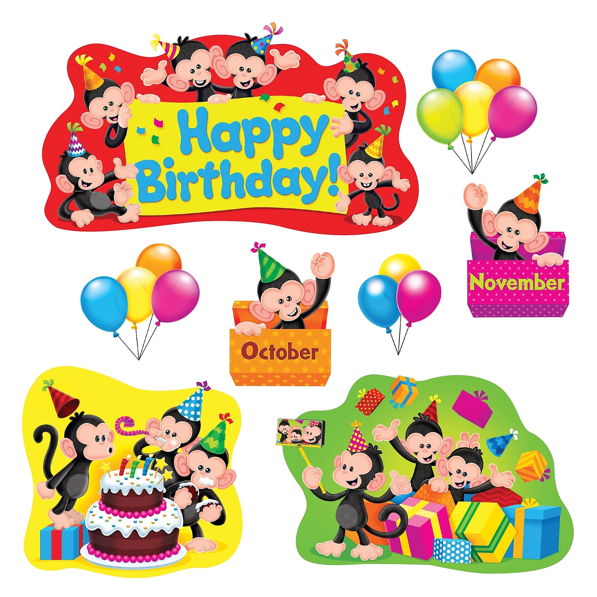 Trend Monkey Mischief® Birthday Bulletin Board Set, 28" x 18.25", 30 Pieces (T-8341)