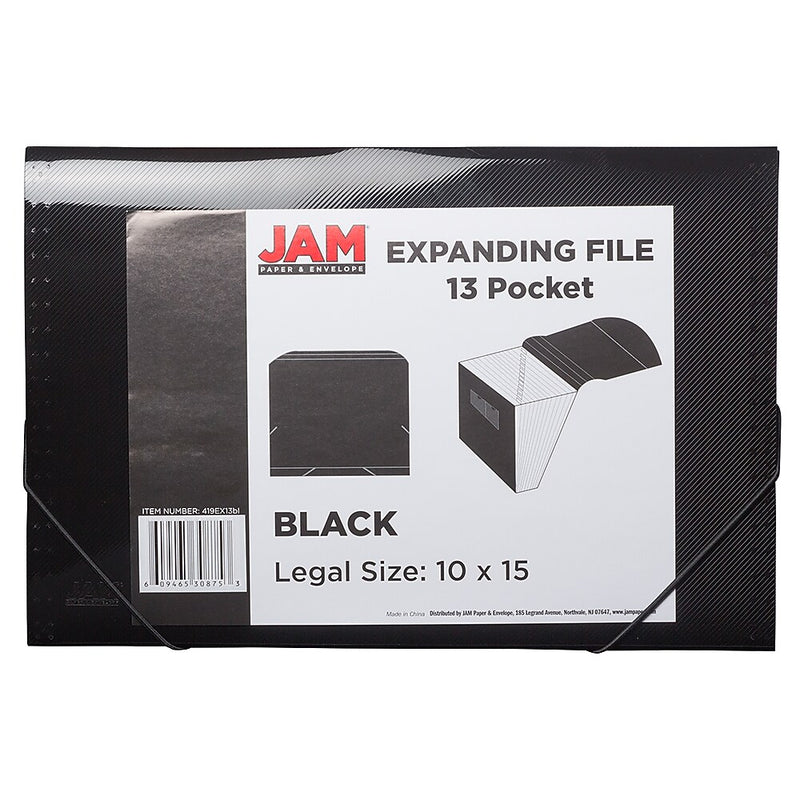 JAM Paper 13 Pocket Plastic Expanding File, Accordion Folders, Legal Size, 10 x 15, Black, 24/Pack (2163584B)