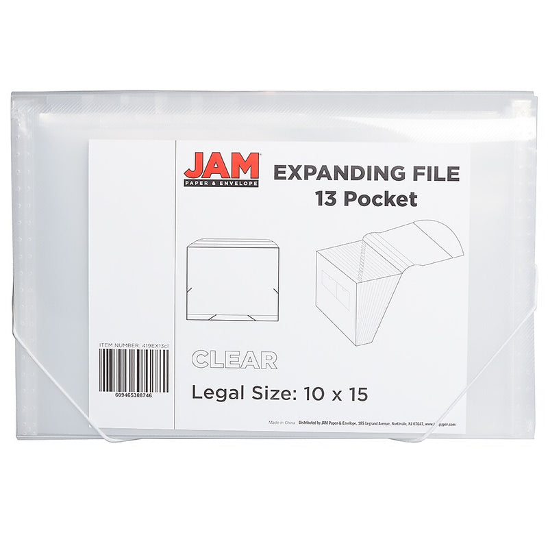JAM Paper® 13 Pocket Plastic Expanding File, Accordion Folders, Legal Size, 10 x 15, Clear, Sold Individually (2167014)