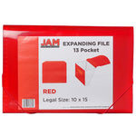 JAM Paper® 13 Pocket Plastic Expanding File, Accordion Folders, Legal Size, 10 x 15, Red, Sold Individually (419EX13RE)