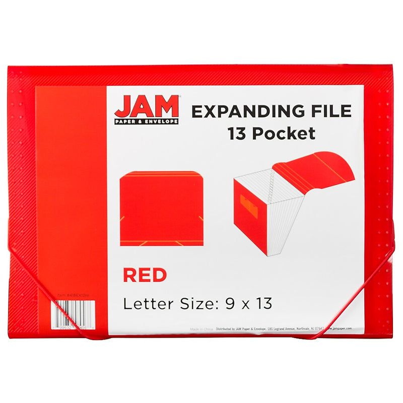 JAM Paper 13 Pocket Plastic Expanding File, Accordion Folders, Letter Size, 9 x 13, Red, 24/Pack (21621715B)