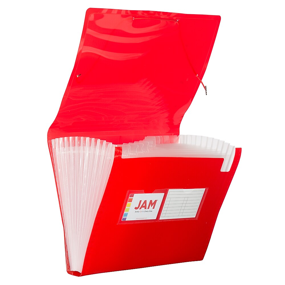 JAM Paper® 13 Pocket Plastic Expanding File, Accordion Folders, Letter Size, 9 x 13, Red, 24/Pack (2163589B)