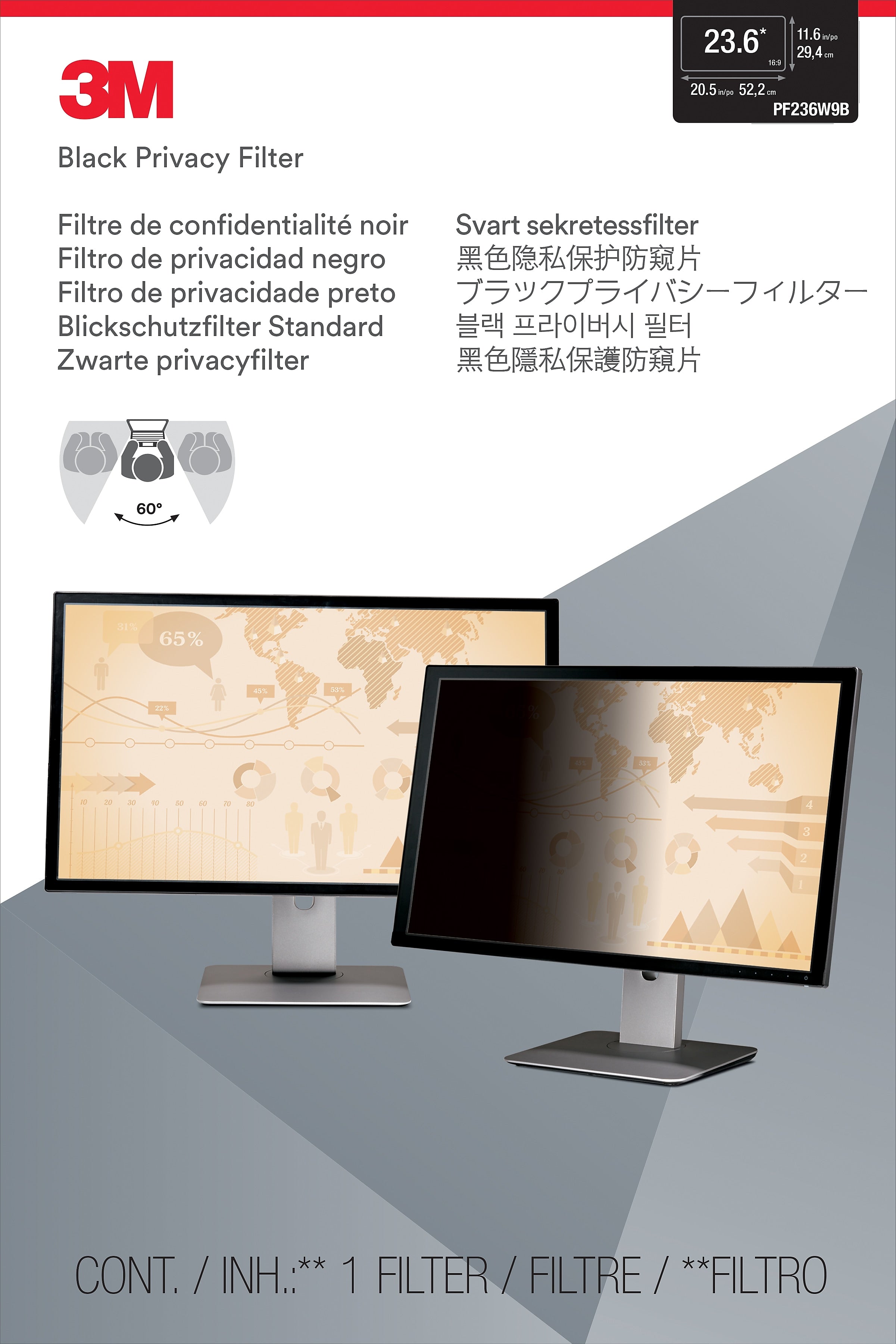 3M Anti-Glare Privacy Filter for 23.6" Widescreen Monitor, 16:9 Aspect Ratio (PF236W9B)