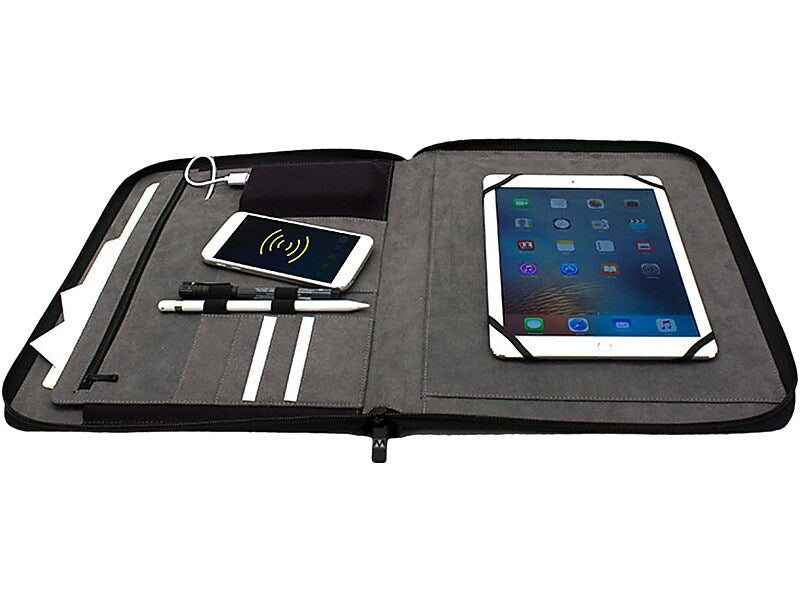 M-Edge Wireless Charging Faux Leather Padfolio with Zipper Closure, Black (UN1-PP-PU-B)