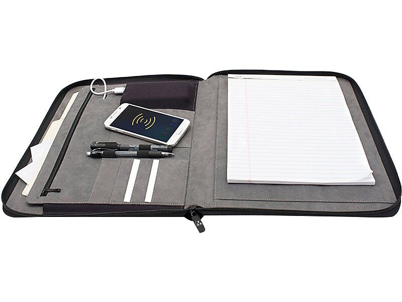 M-Edge Wireless Charging Faux Leather Padfolio with Zipper Closure, Black (UN1-PP-PU-B)